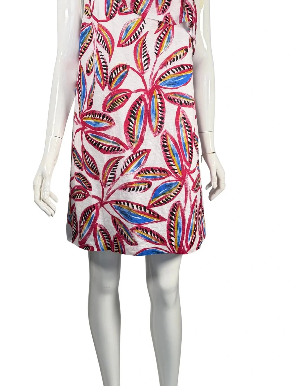 J. Crew One-Shoulder Tropical Leaf Print Dress Pink & Blue | Linen Cotton Blend